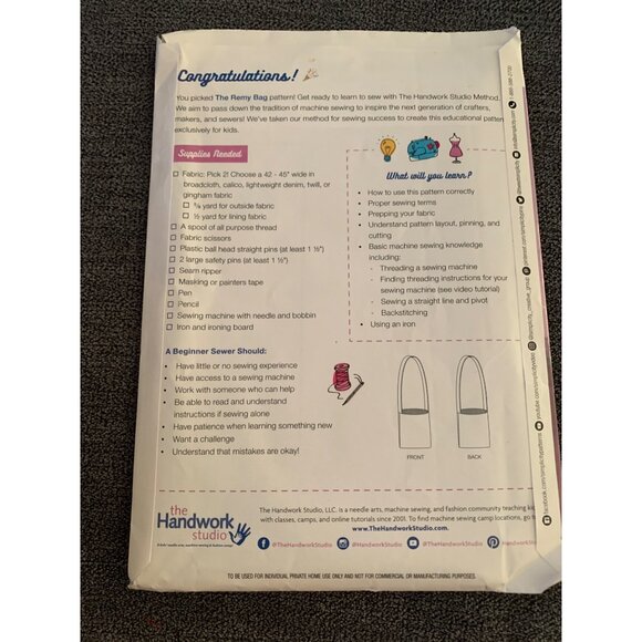 Simplicity D0954 Kids Beginner Sewing Pattern The Remy Bag The Handwork Studio M - Picture 2 of 3